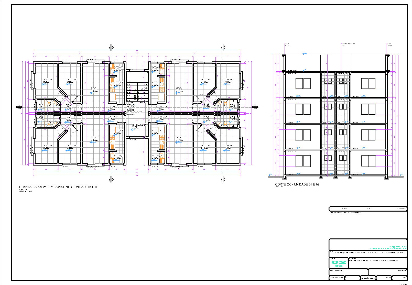 2 Prédios, 32 aptos., arquitetônico, 6 pranchas A1