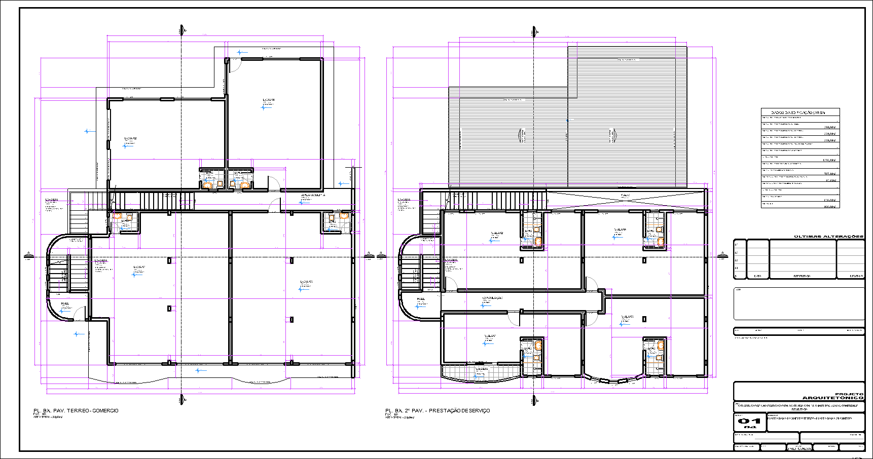 Prédio, 2 aptos., 8 salas comerciais, arquitetônico, 4 pranchas A1