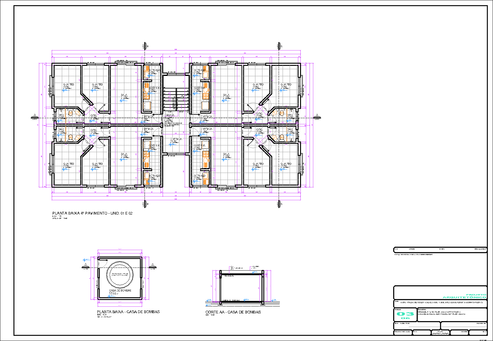 2 Prédios, 32 aptos., arquitetônico, 6 pranchas A1