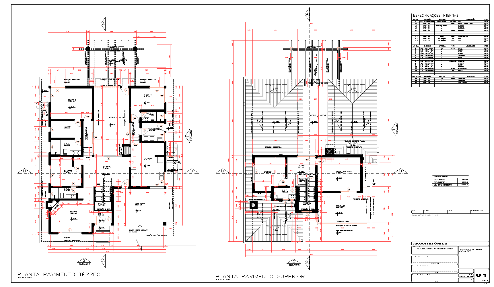 Residência, arquitetônico, 3 pranchas A1