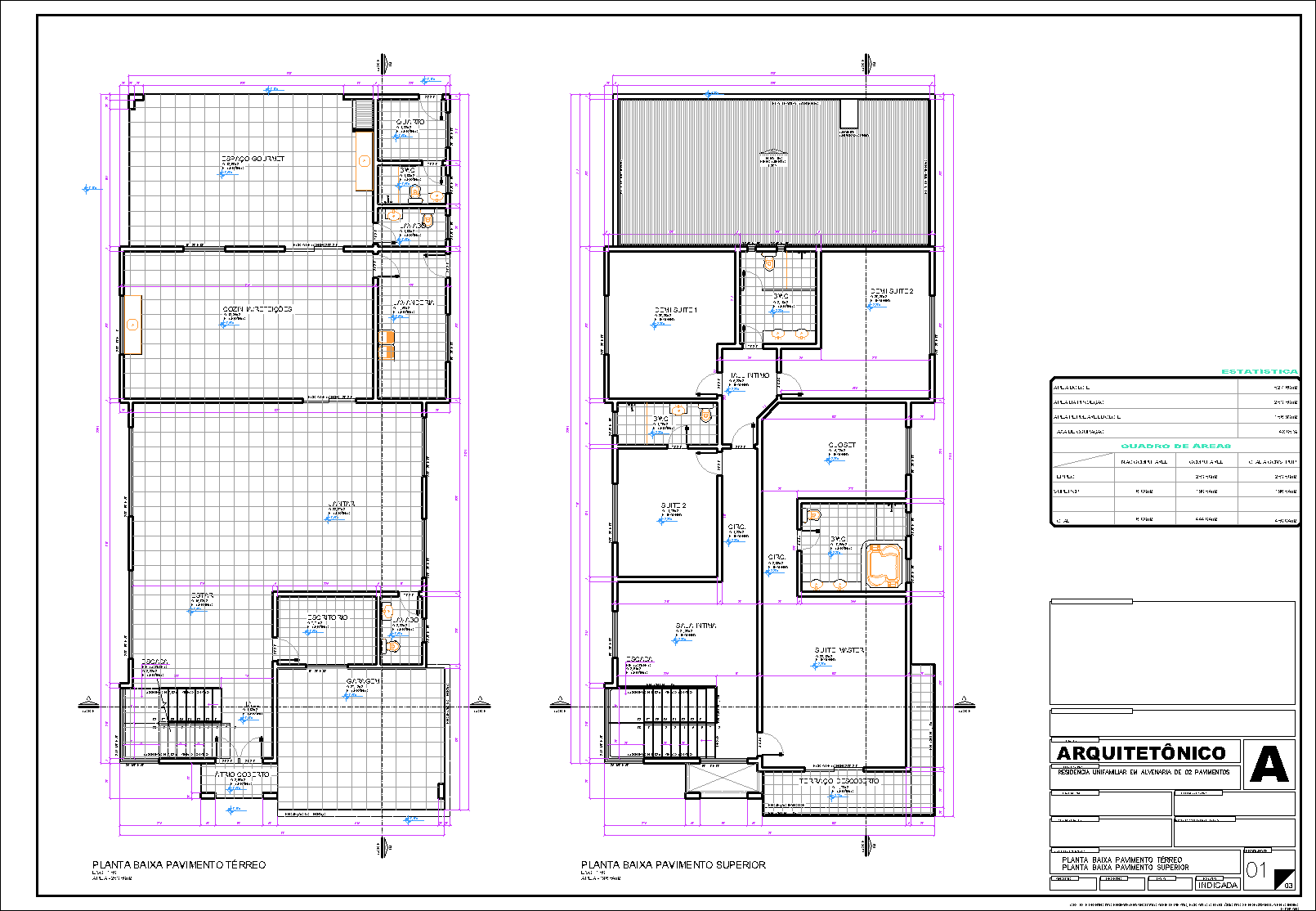Residência, arquitetônico, 3 pranchas A1
