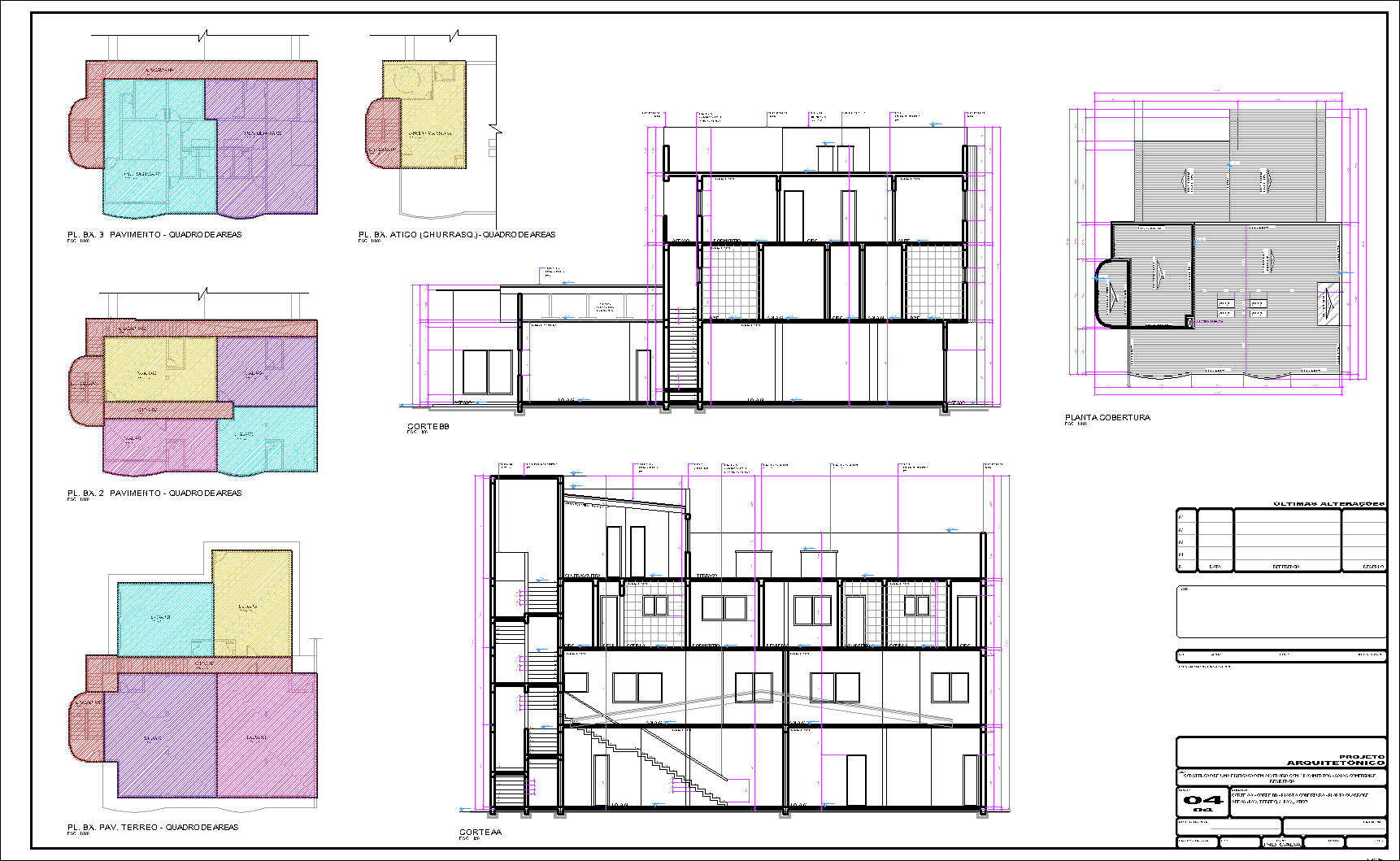 Prédio, 2 aptos., 8 salas comerciais, arquitetônico, 4 pranchas A1