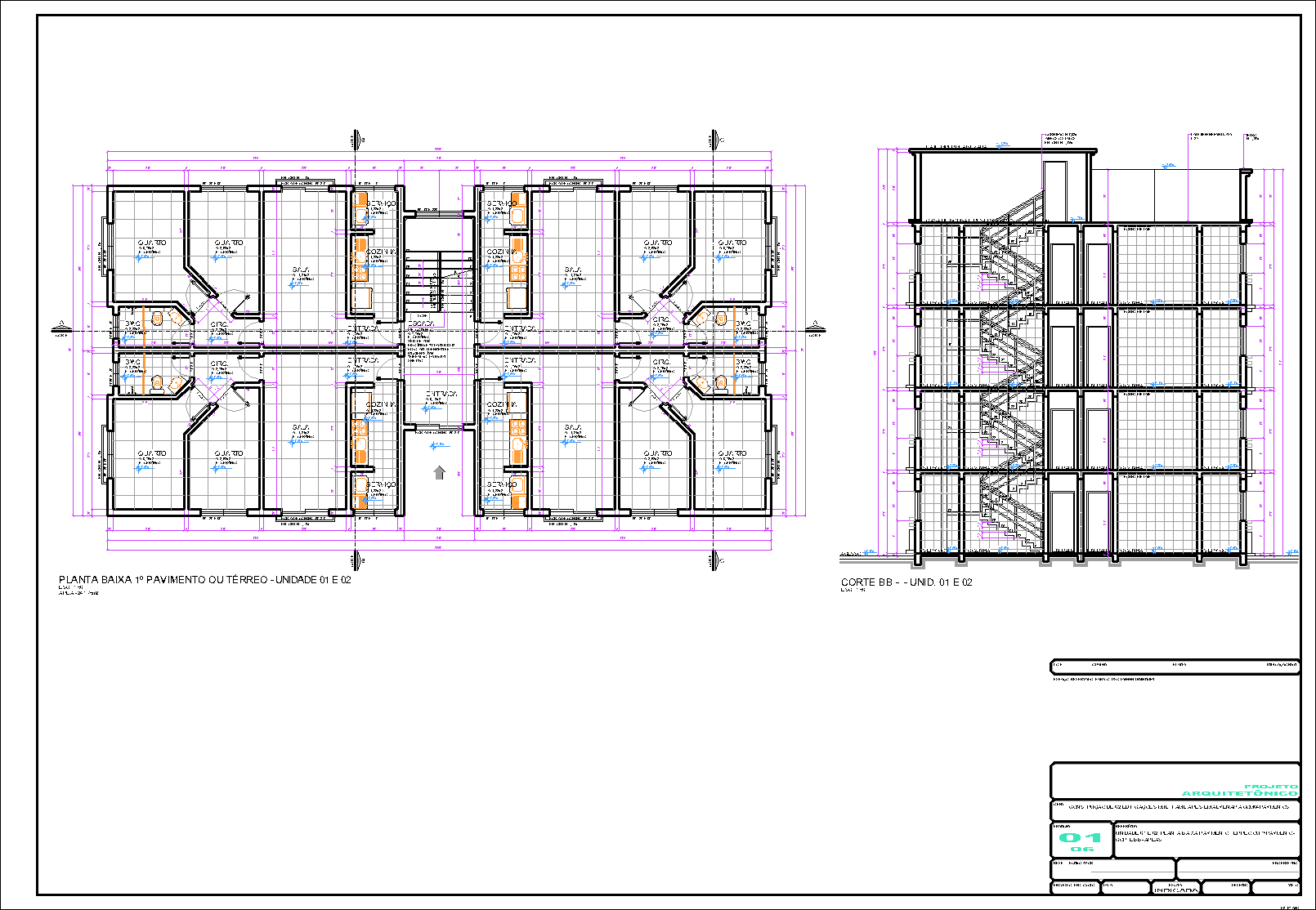 2 Prédios, 32 aptos., arquitetônico, 6 pranchas A1
