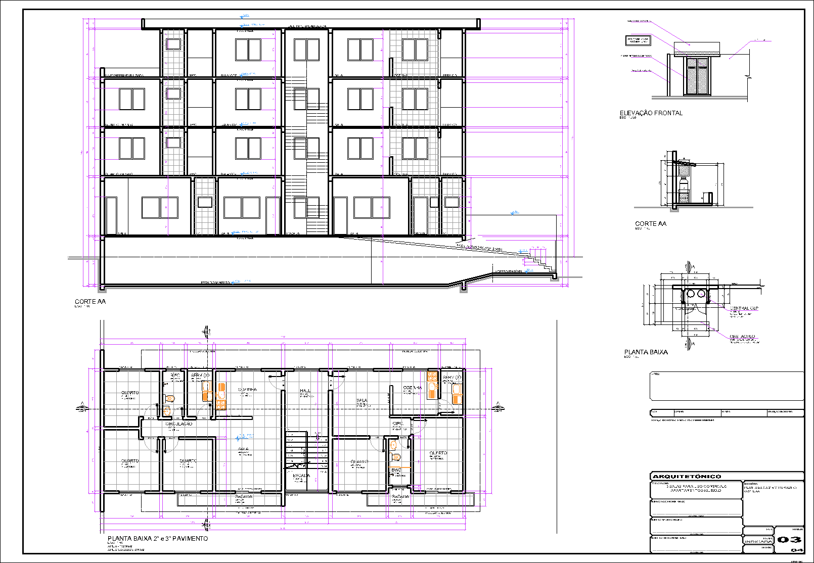 Prédio, 6 aptos., 3 salas comerciais, arquitetônico, 4 pranchas A1