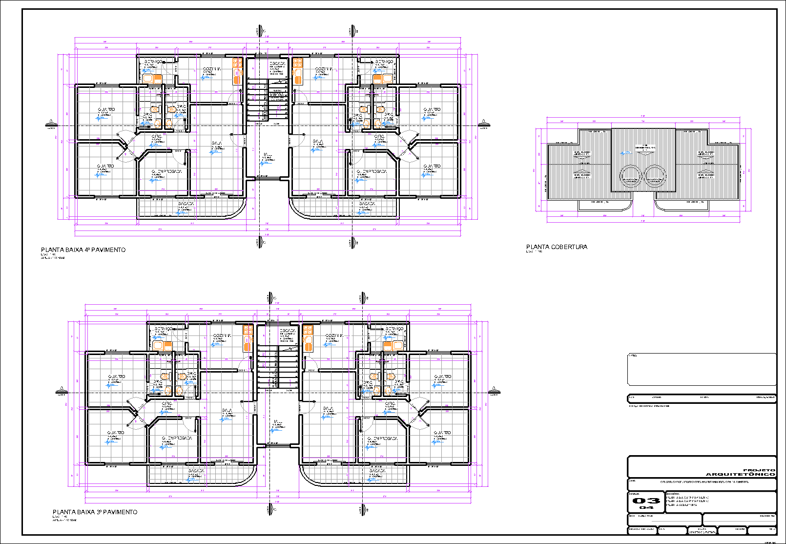 2 Prédios, 16 aptos., arquitetônico, 4 pranchas A1
