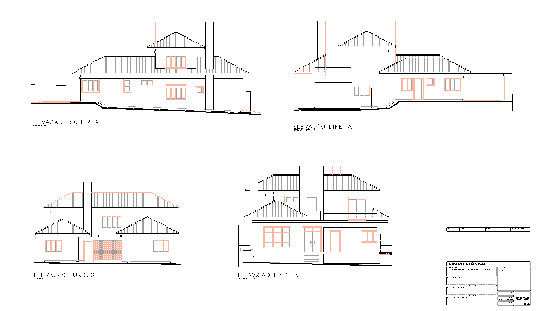 Residência, arquitetônico, 3 pranchas A1