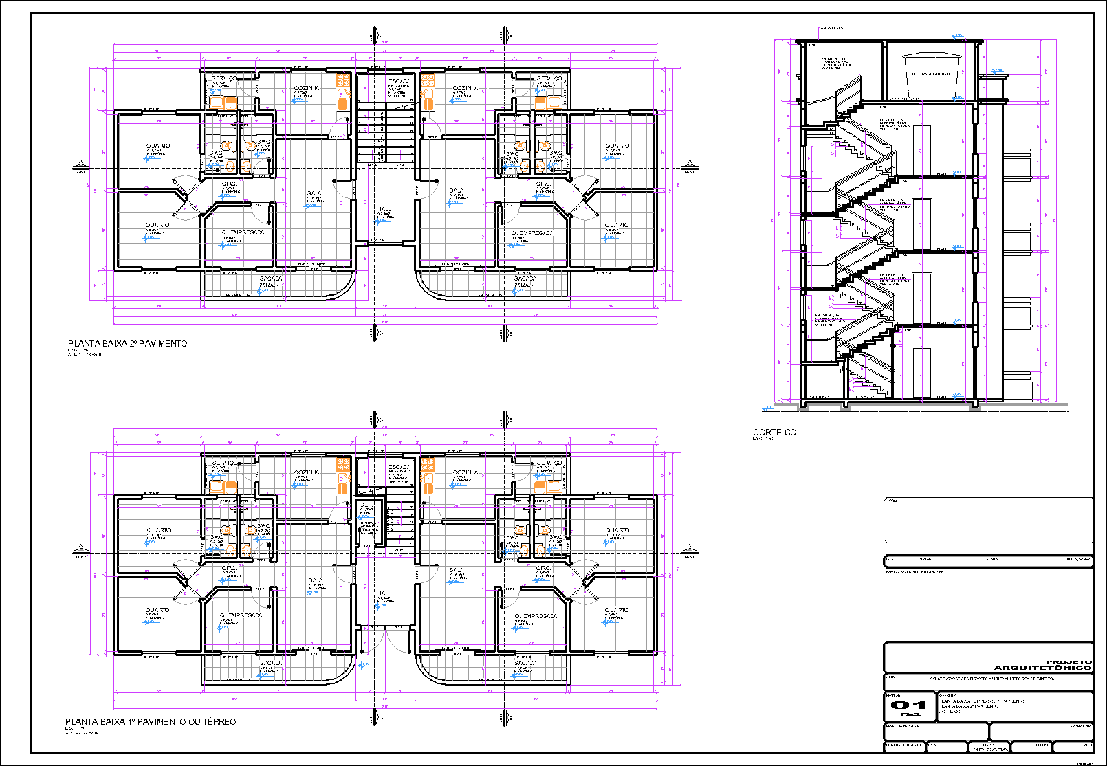 2 Prédios, 16 aptos., arquitetônico, 4 pranchas A1