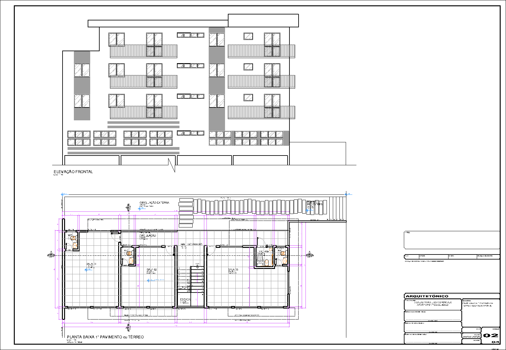 Prédio, 6 aptos., 3 salas comerciais, arquitetônico, 4 pranchas A1
