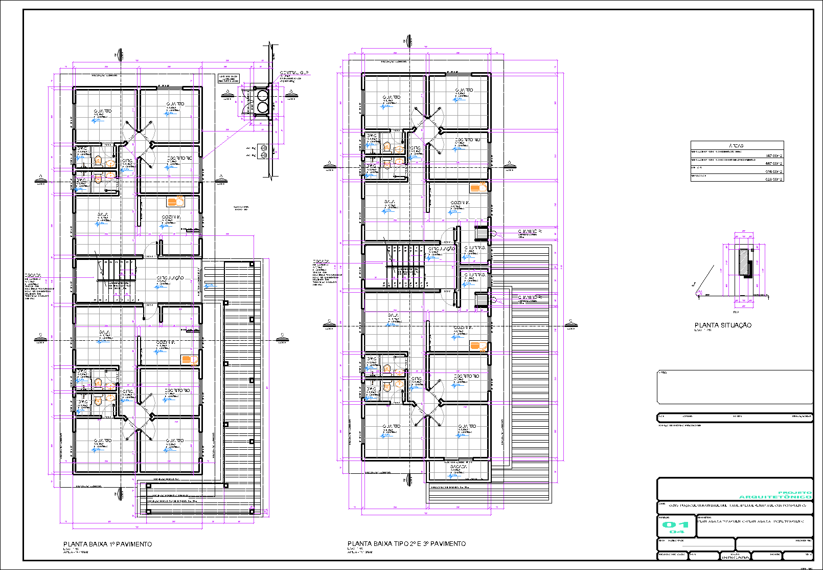 1 Prédio, 8 aptos., arquitetônico, 4 pranchas A1