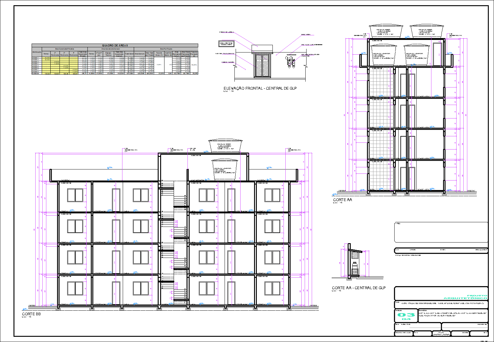1 Prédio, 8 aptos., arquitetônico, 4 pranchas A1