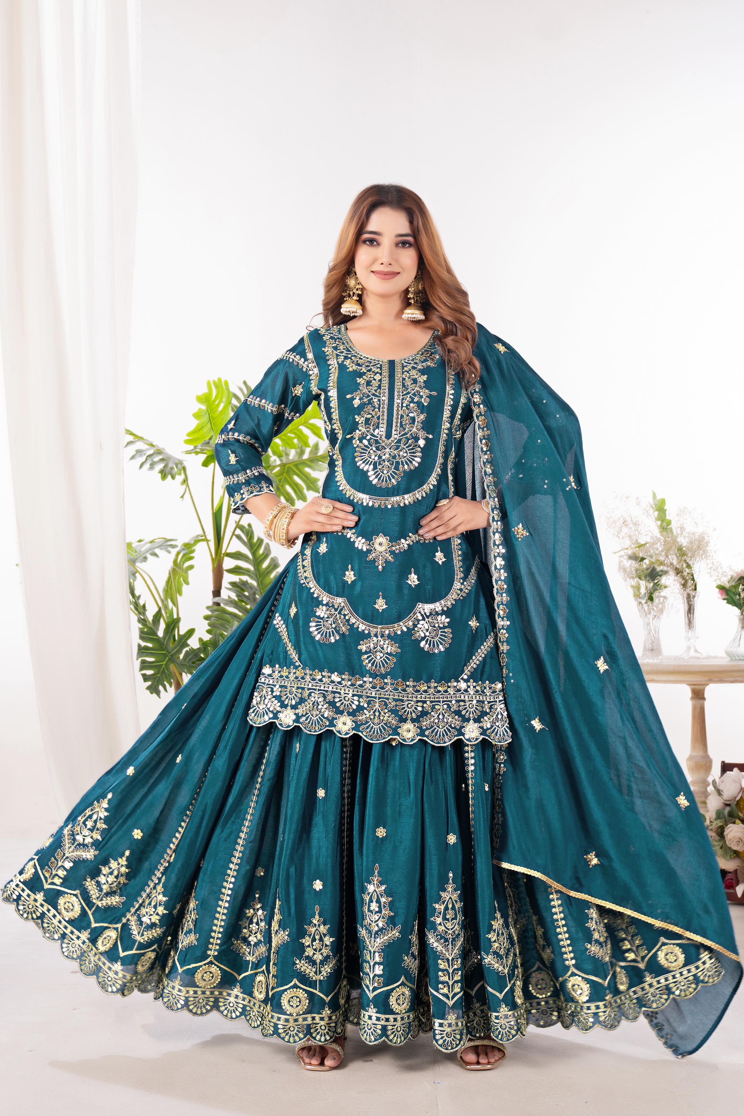 Royal Teal Green Embroidered Sharara Suit Set