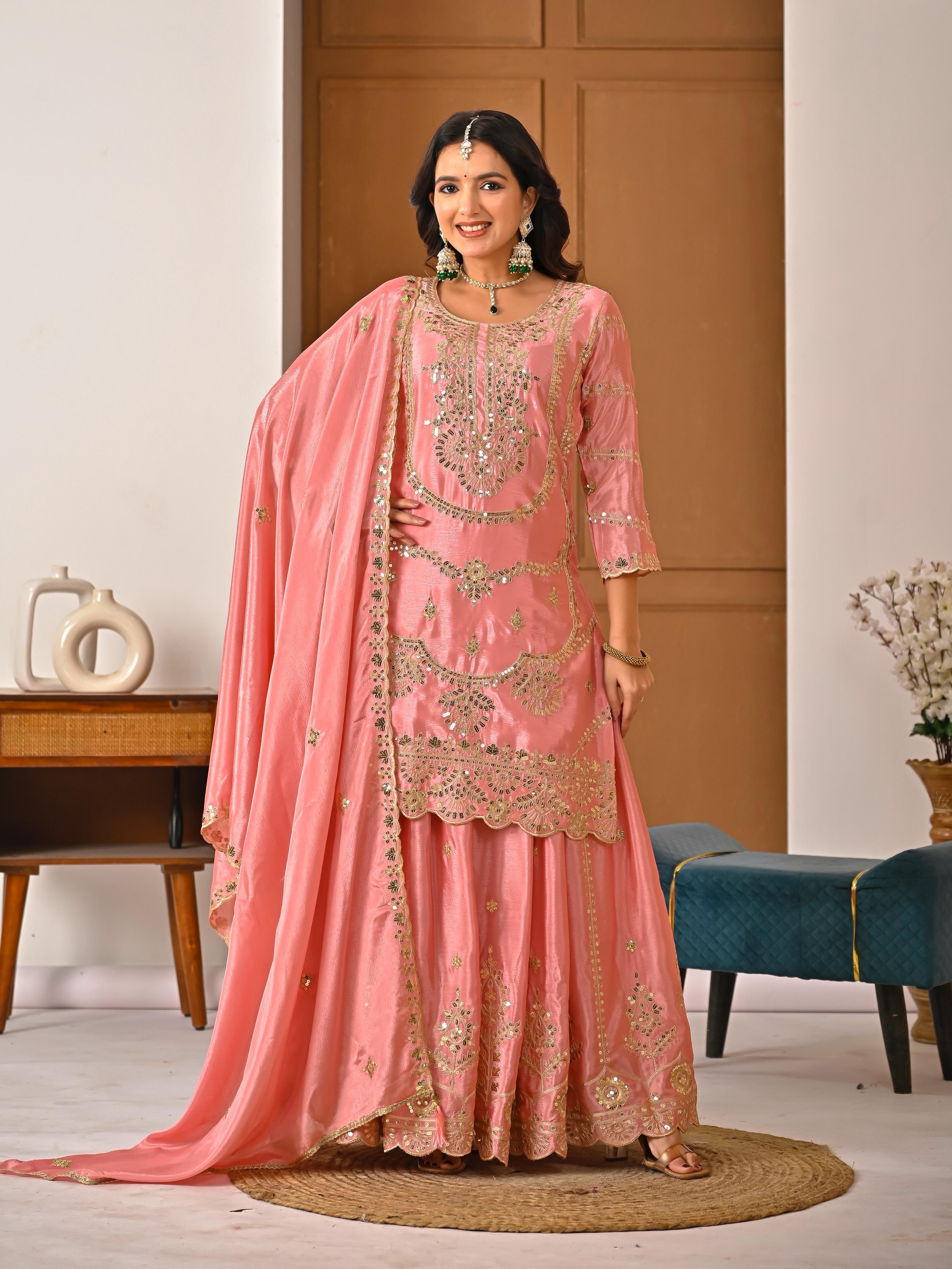 Elegant Blush Pink Embroidered Sharara Suit Set