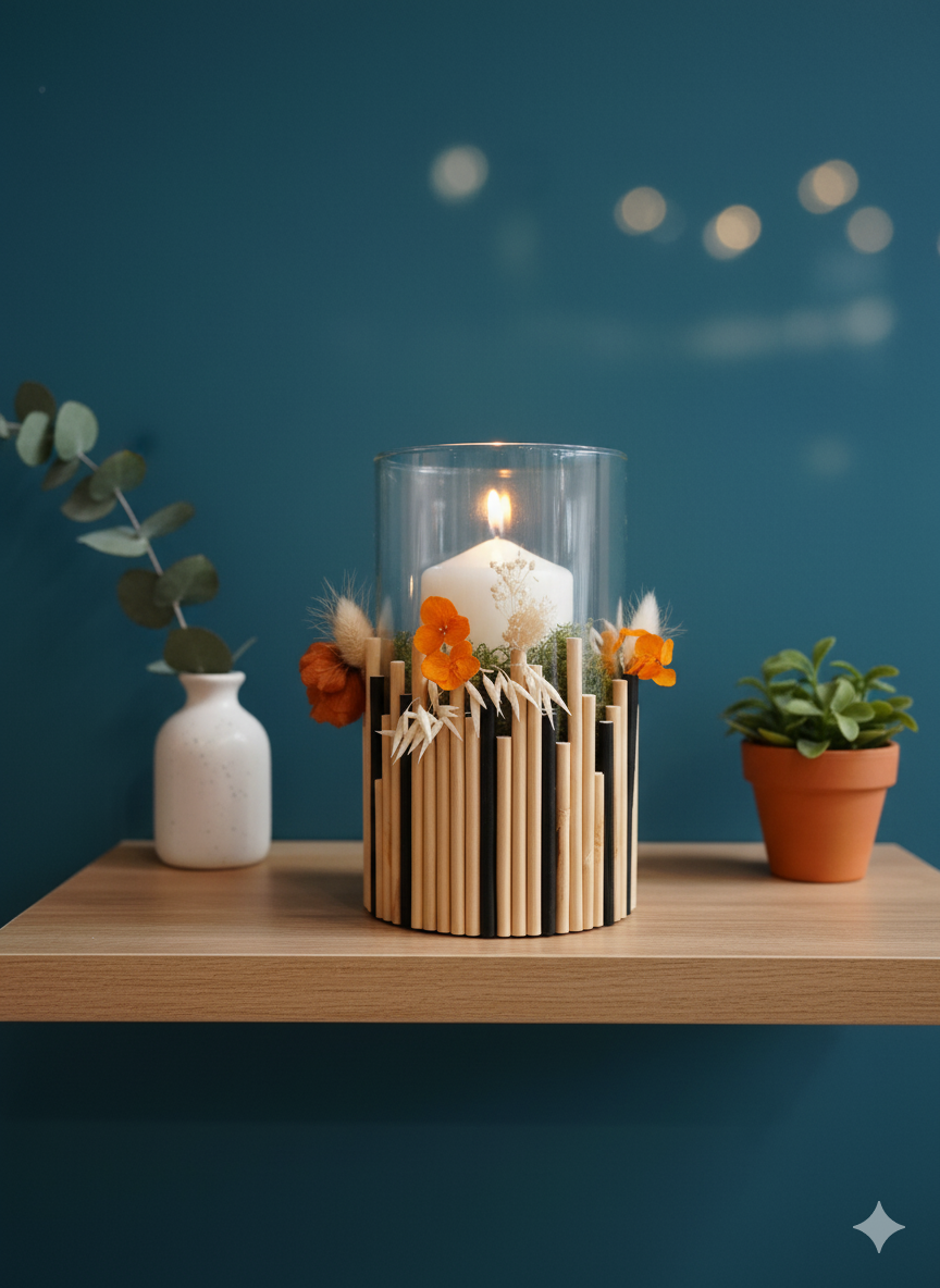 Photophore déco en verre et fleurs séchées