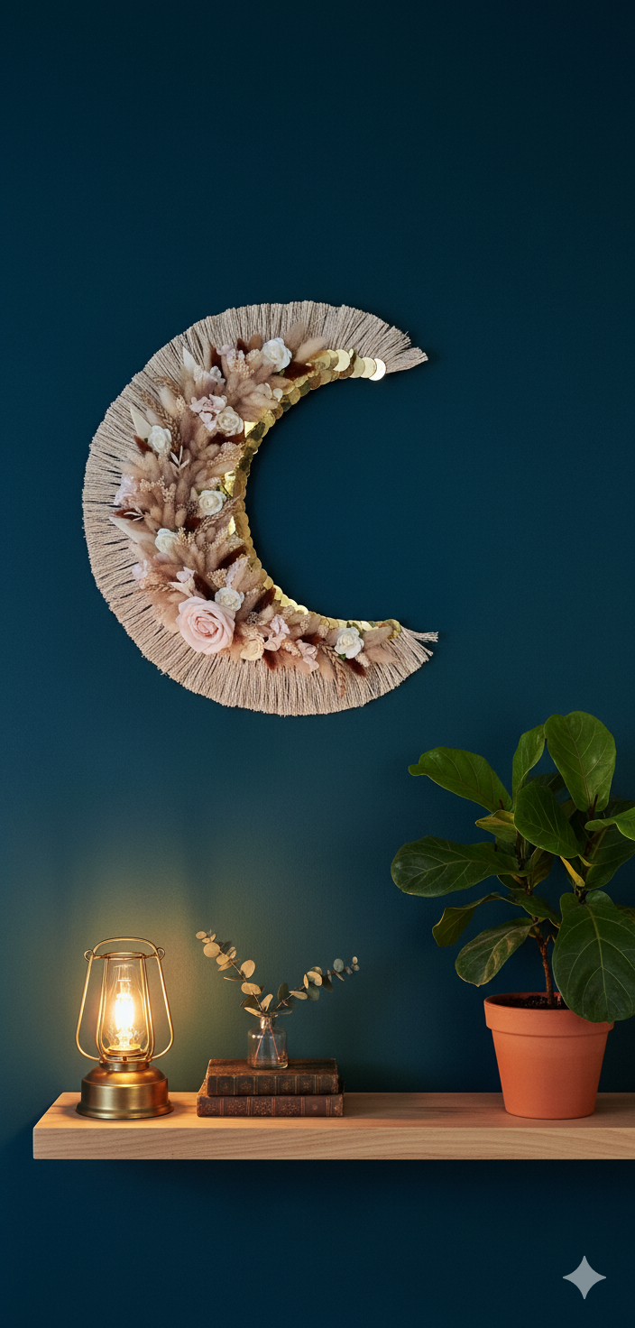 Décoration murale croissant de lune en fleurs séchées