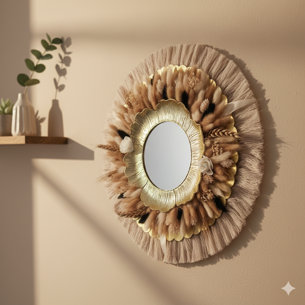 Miroir mural décoratif en fleurs séchées