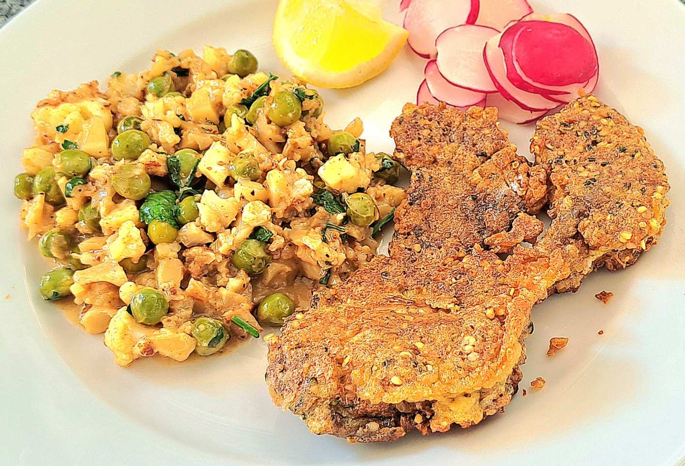 Austernpilz-"Schnitzel" mit "Blumenkohl-"Risotto