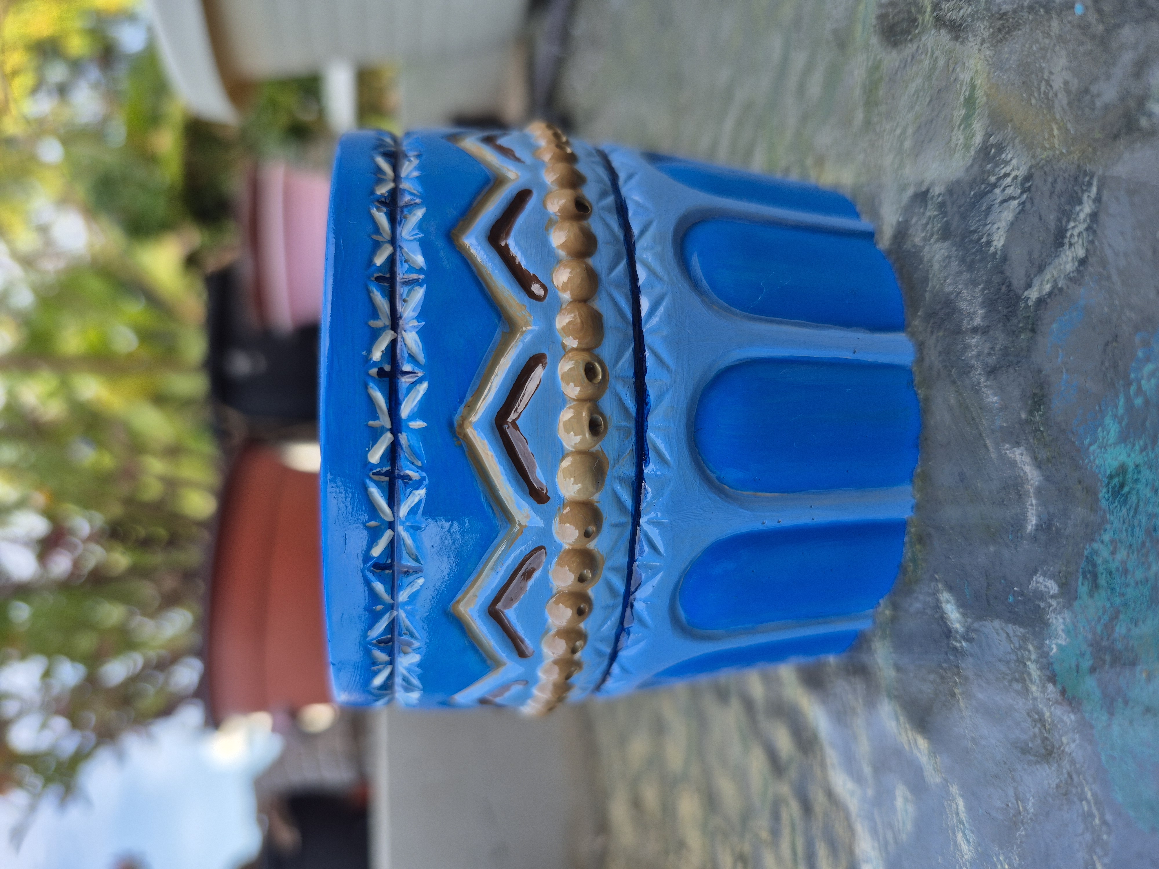 Blue Hand Painted Aztec Concrete Pot 