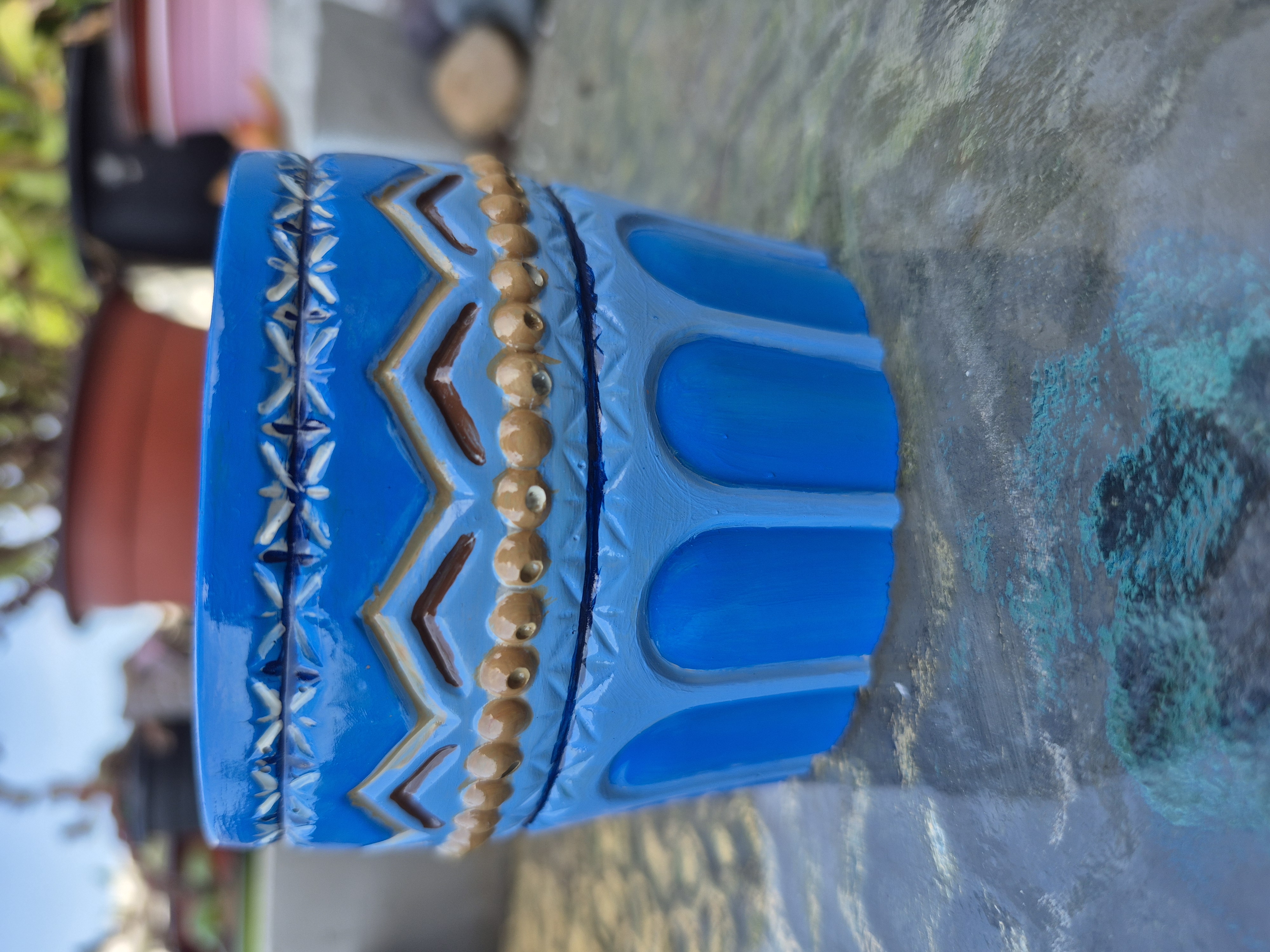 Blue Hand Painted Aztec Concrete Pot 