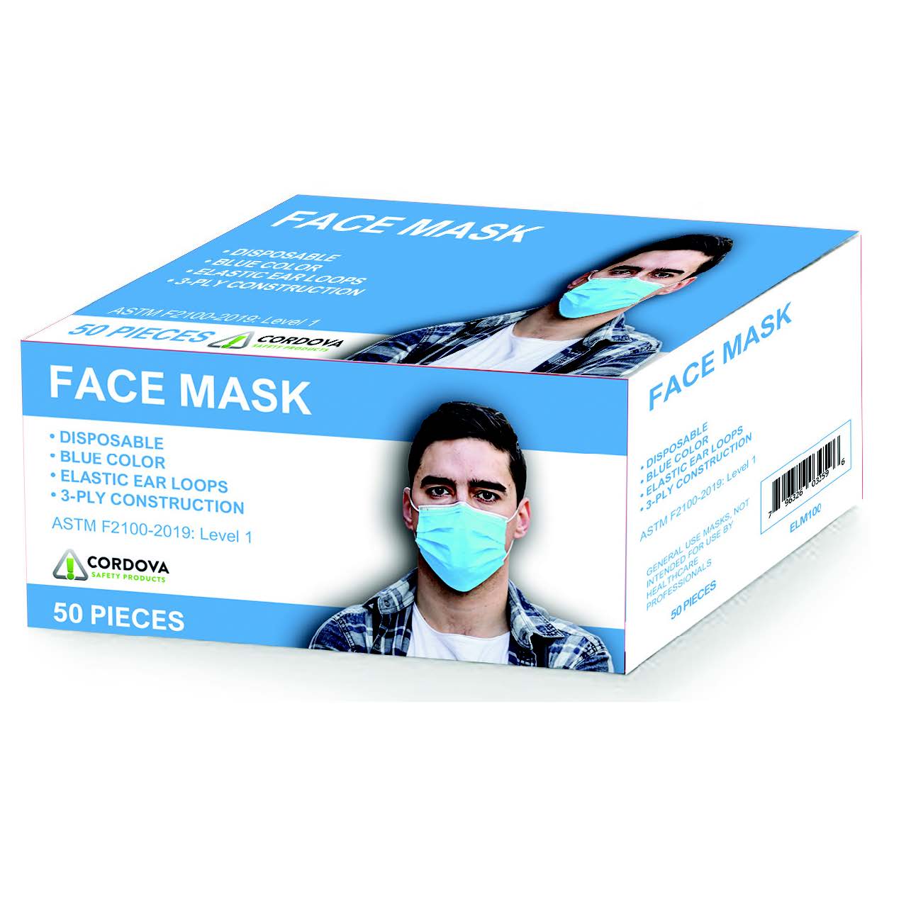 Cordova Ear-Loop Masks, 3-Ply Pleated, Blue, 50/Box, 40 Boxes/Case