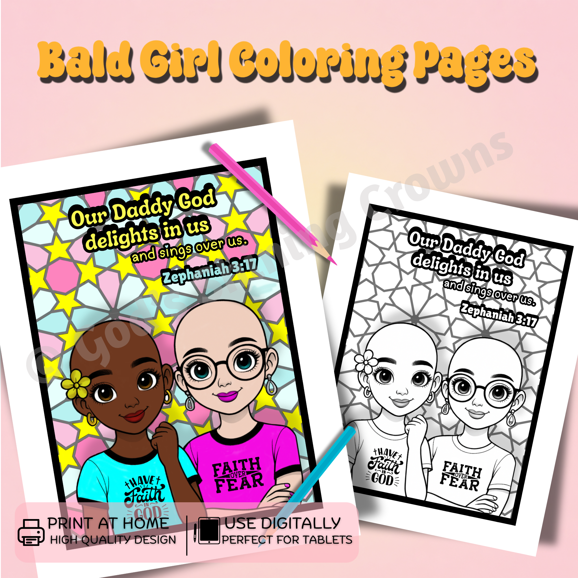 Bald Girl Coloring Pages, Christian Activity, Alopecia Chemo Care (Digital Download)