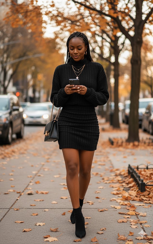 Black Ribbed Knit Sweater Dress