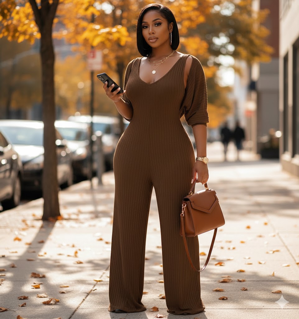 Brown Ribbed Jumpsuit