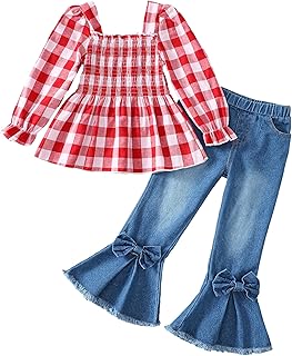 Girls' Plaid Top and Flare Jeans Outfit