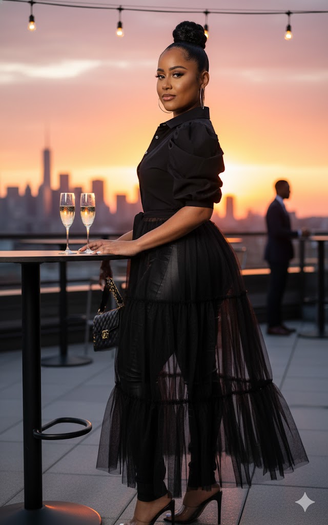 Elegant Black Mesh Overlay Dress