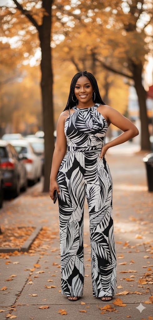 Leaf Print Wide-Leg Jumpsuit