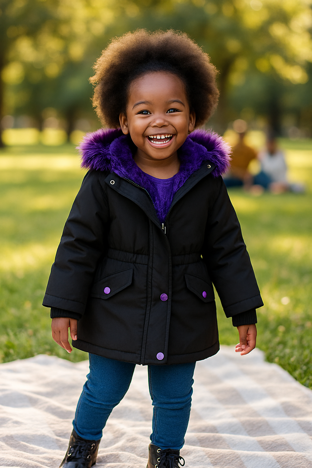 Children's Black Winter Coat with Purple Faux Fur Hood