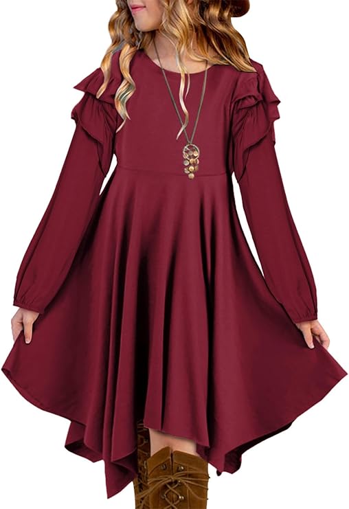 Girls' Burgundy Long Sleeve Ruffle Dress