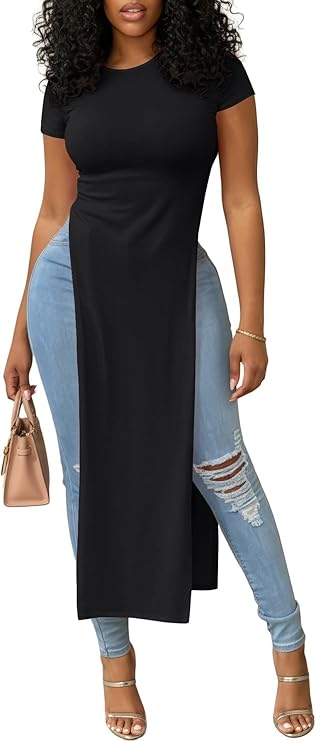 Women's Black Short Sleeve Split Tunic Top