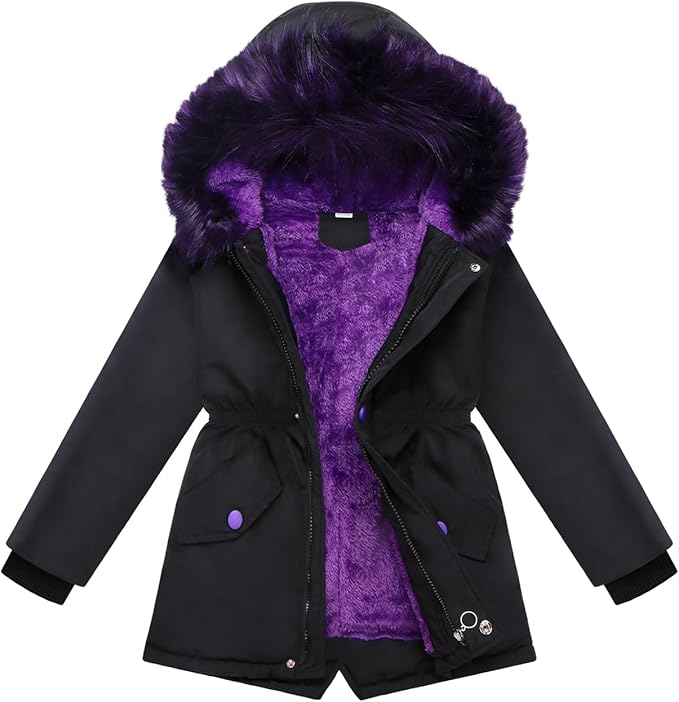 Children's Black Winter Coat with Purple Faux Fur Hood