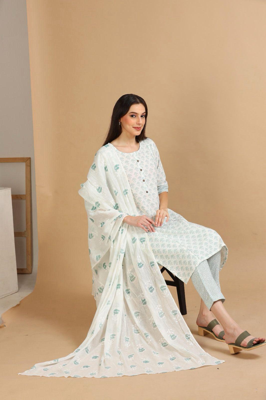 Printed White Lawn Three-Piece Suit