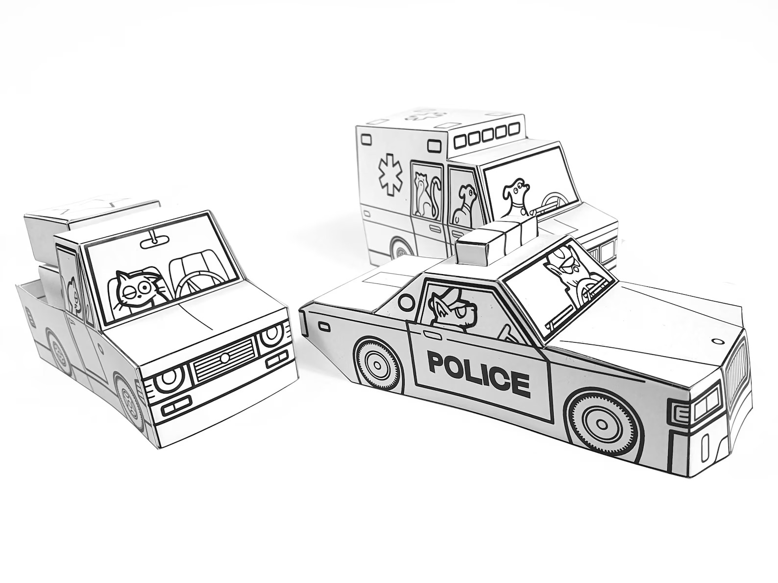 Kit Carro de Polícia, Ambulância eCaminhonete de Papel 3D – Kit para Imprimir e Montar 🚗