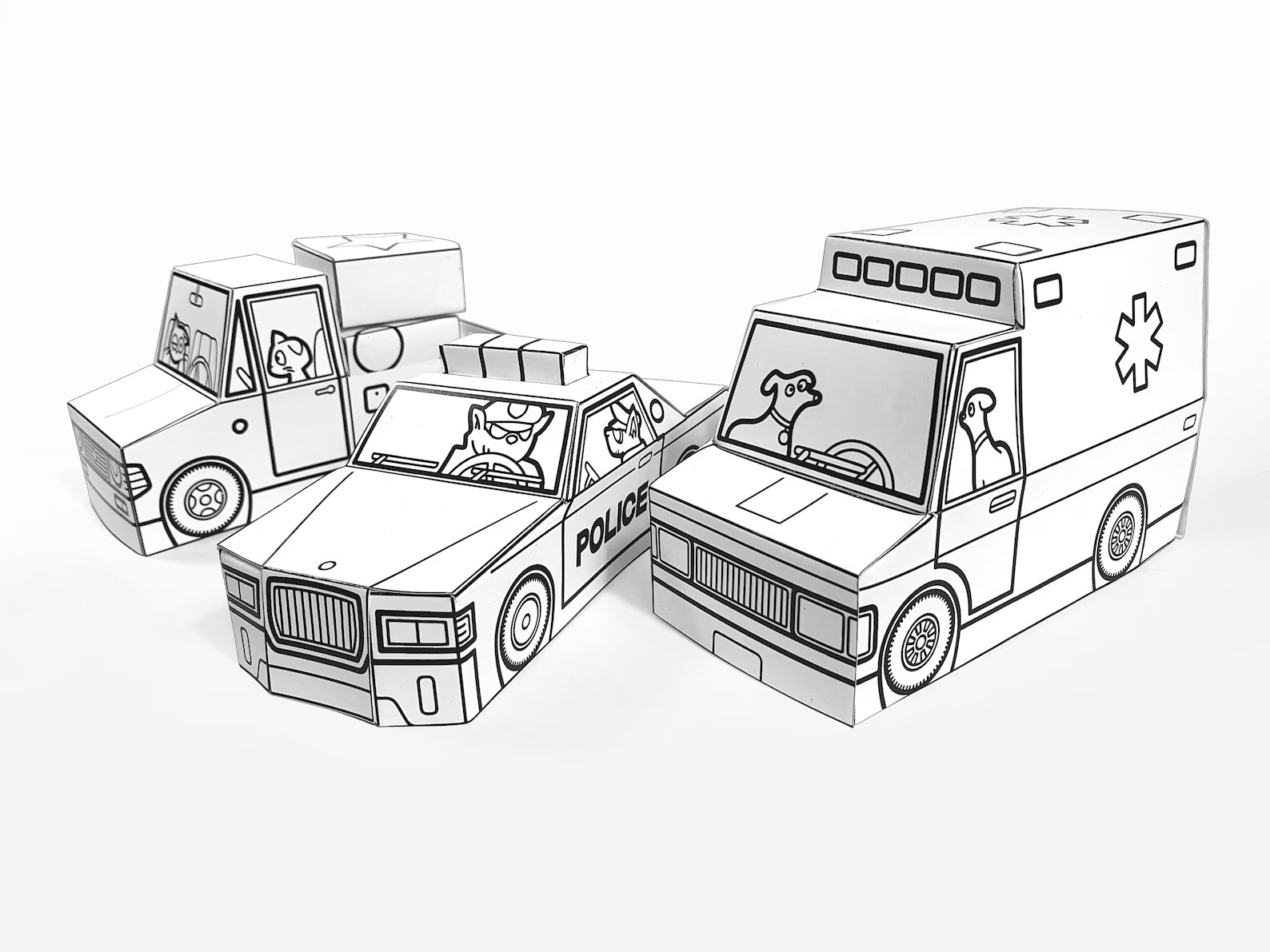 Kit Carro de Polícia, Ambulância eCaminhonete de Papel 3D – Kit para Imprimir e Montar 🚗