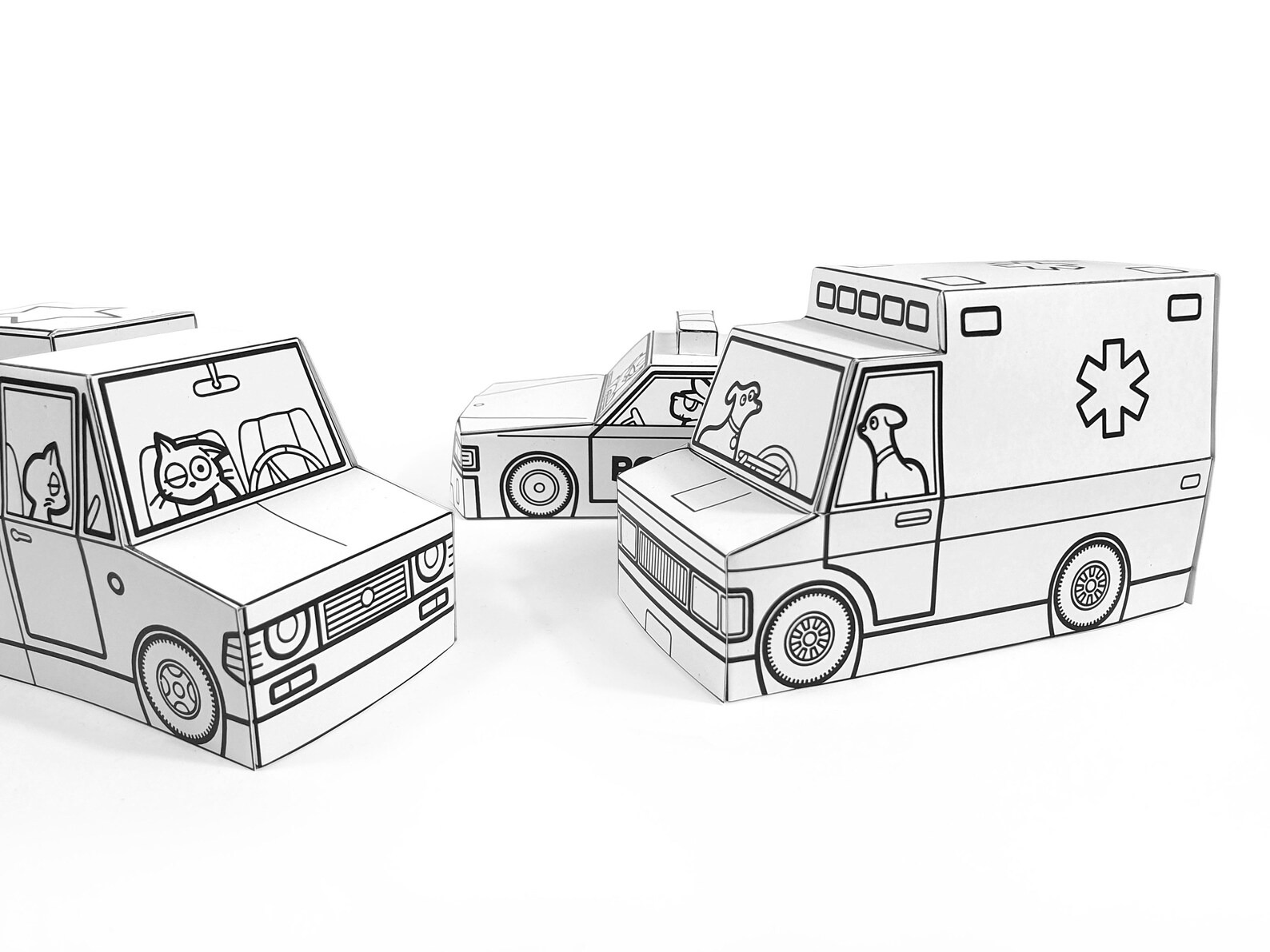 Kit Carro de Polícia, Ambulância eCaminhonete de Papel 3D – Kit para Imprimir e Montar 🚗