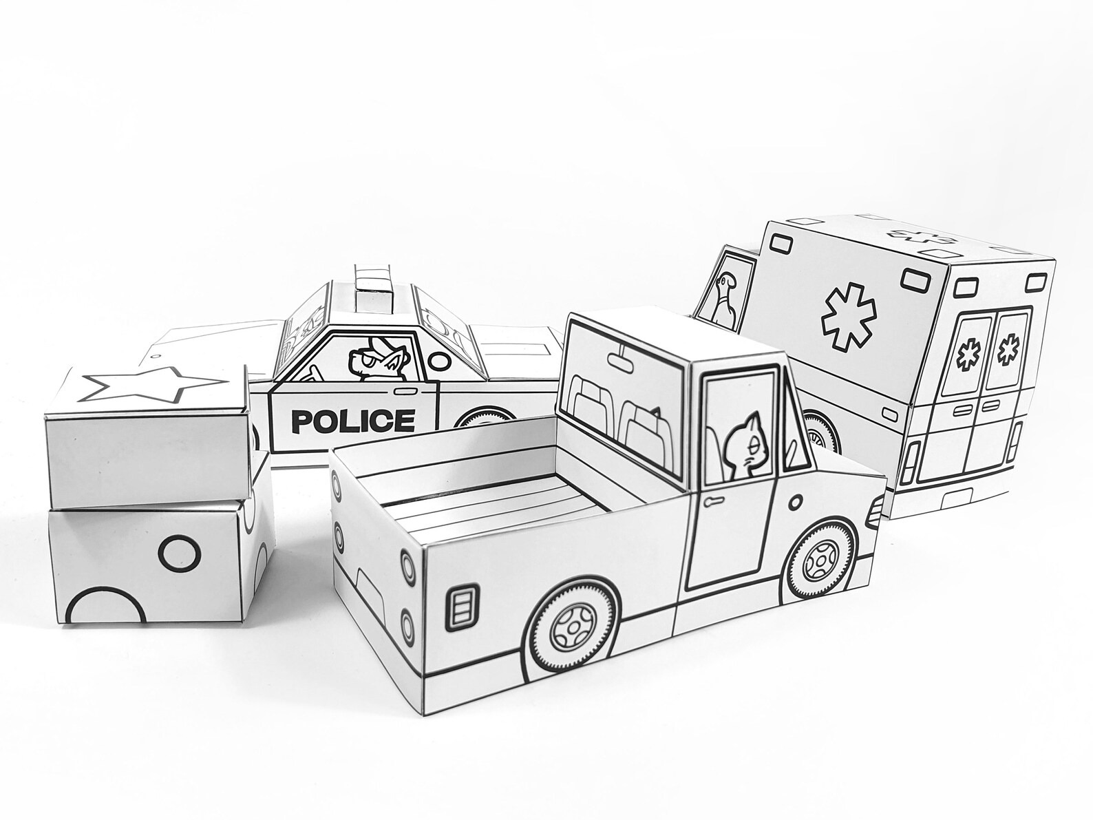 Kit Carro de Polícia, Ambulância eCaminhonete de Papel 3D – Kit para Imprimir e Montar 🚗