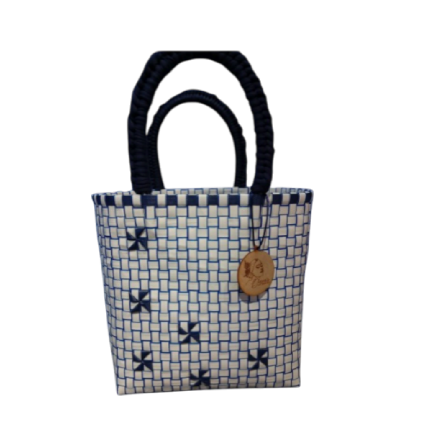 BOLSO TEJIDO EN BLANCO Y AZUL