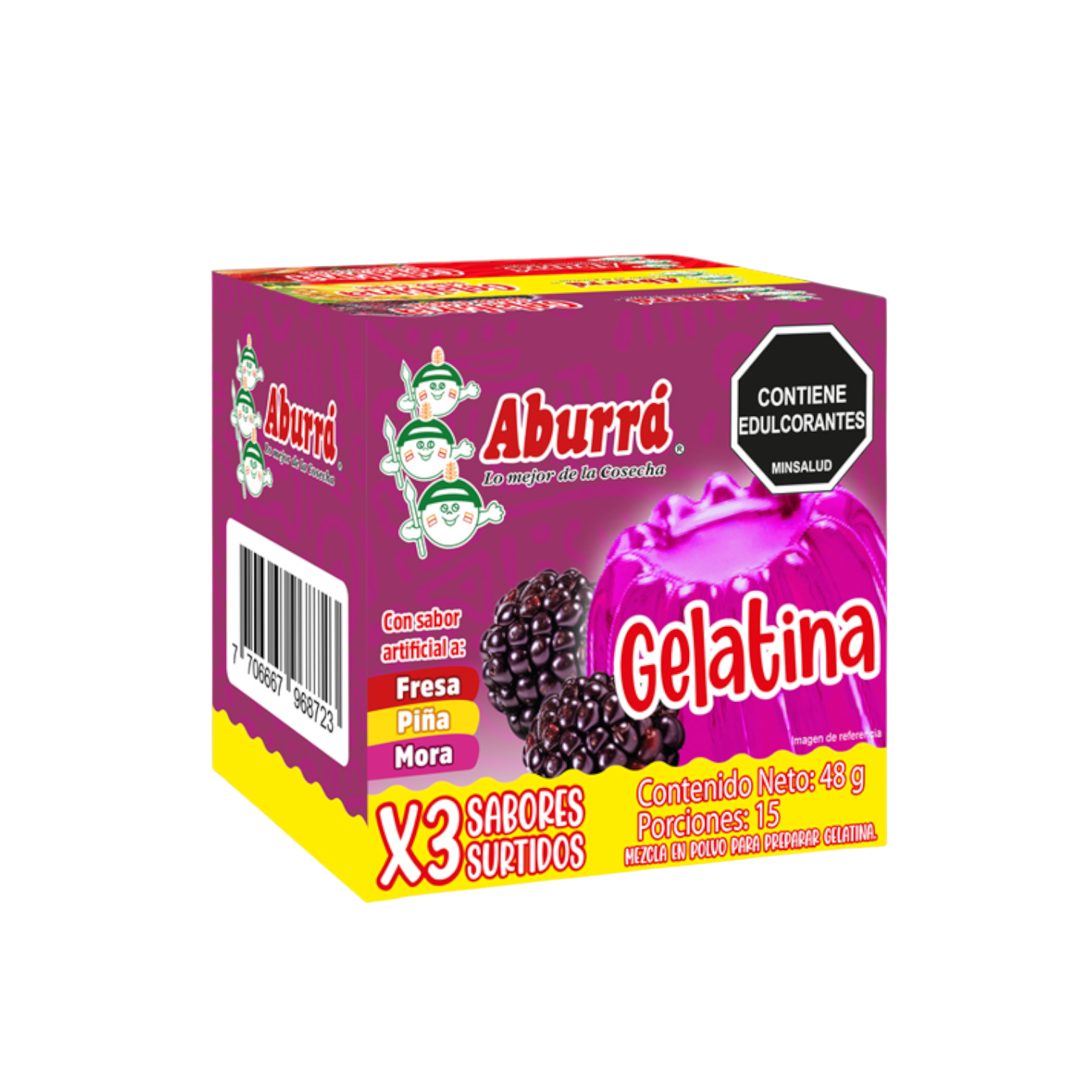 GELATINA SABOR A FRESA, MORA Y PIÑA DISPLAY 3 UNIDADES *16G