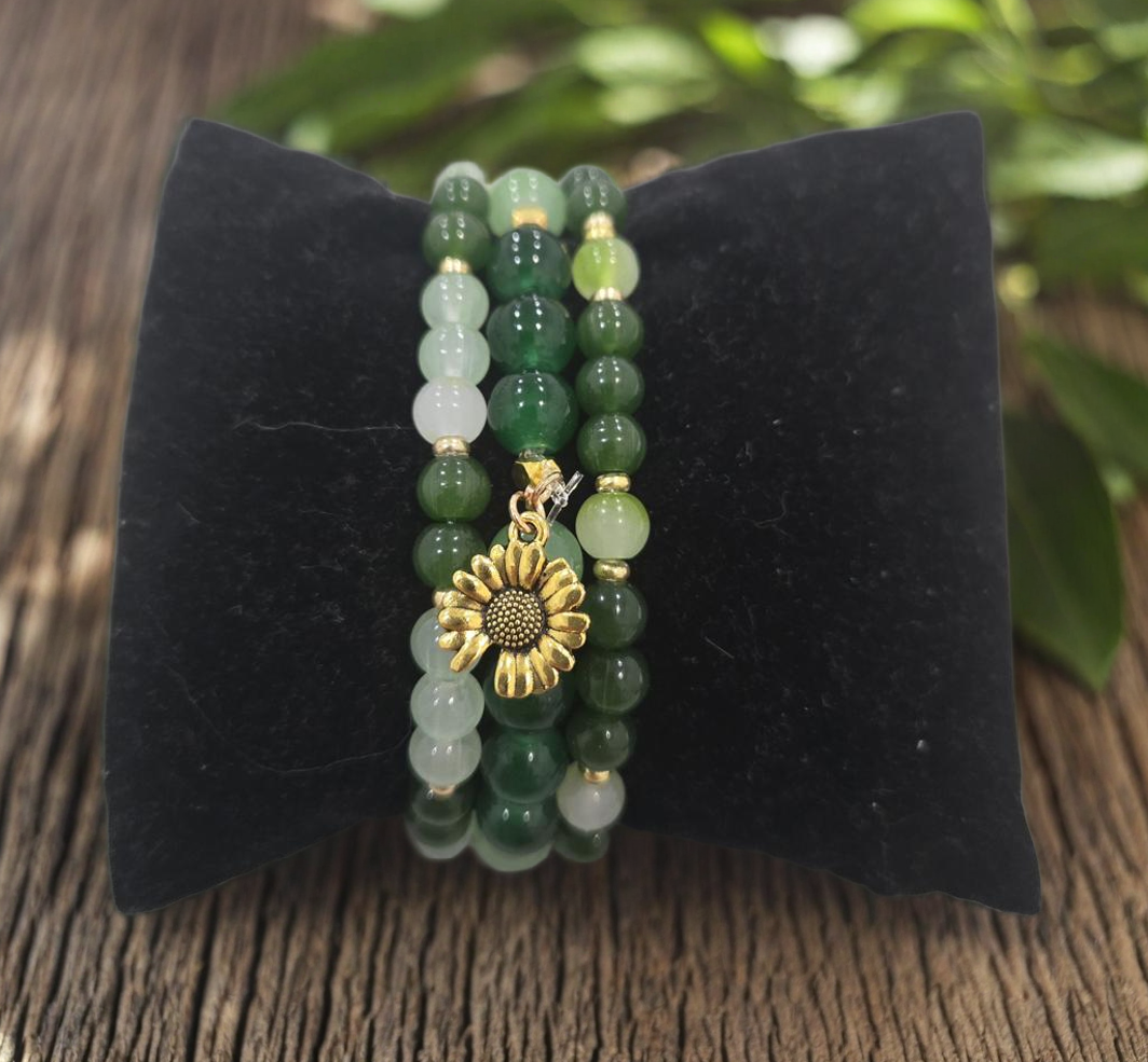 Green Beaded Bracelet with Sunflower Charm