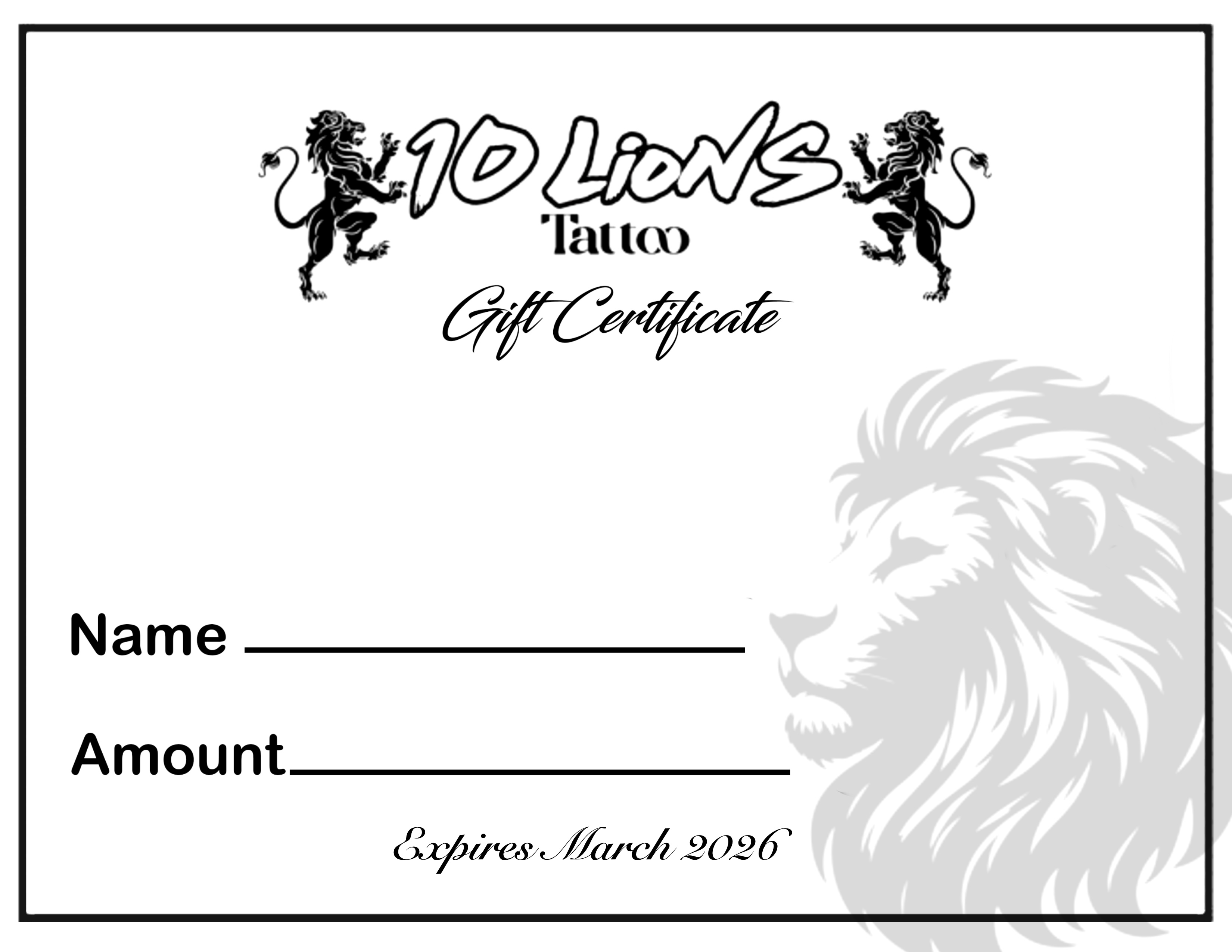10 Lions Tattoo Gift Certificate