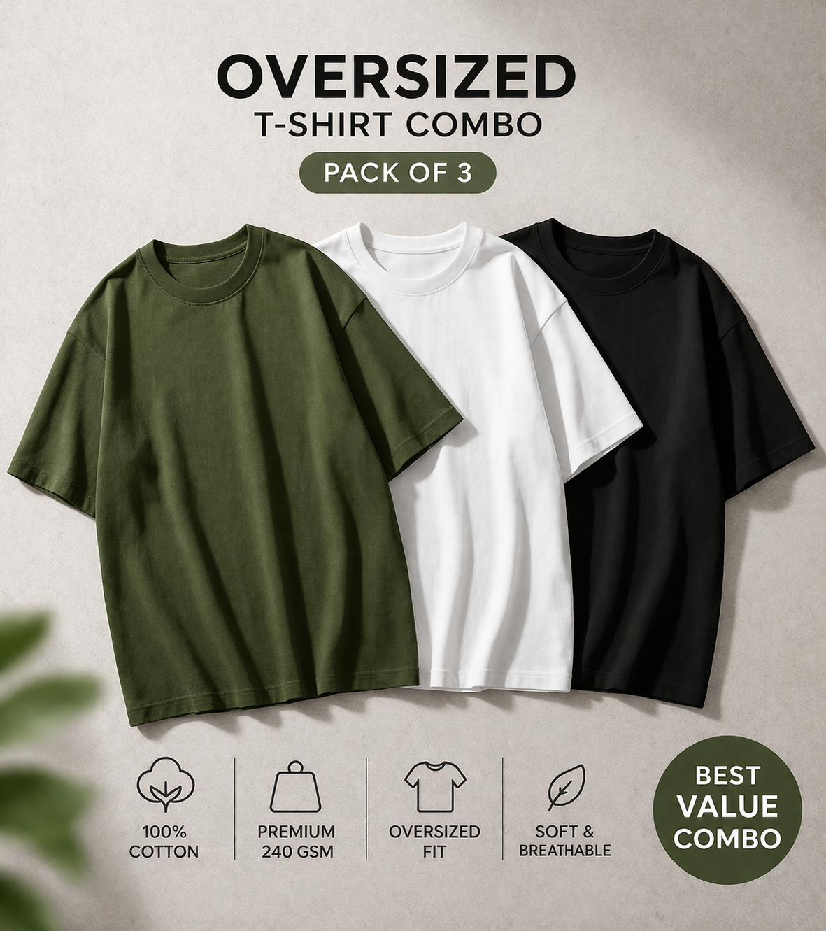 Pack of 3 Oversized T-Shirts for Men