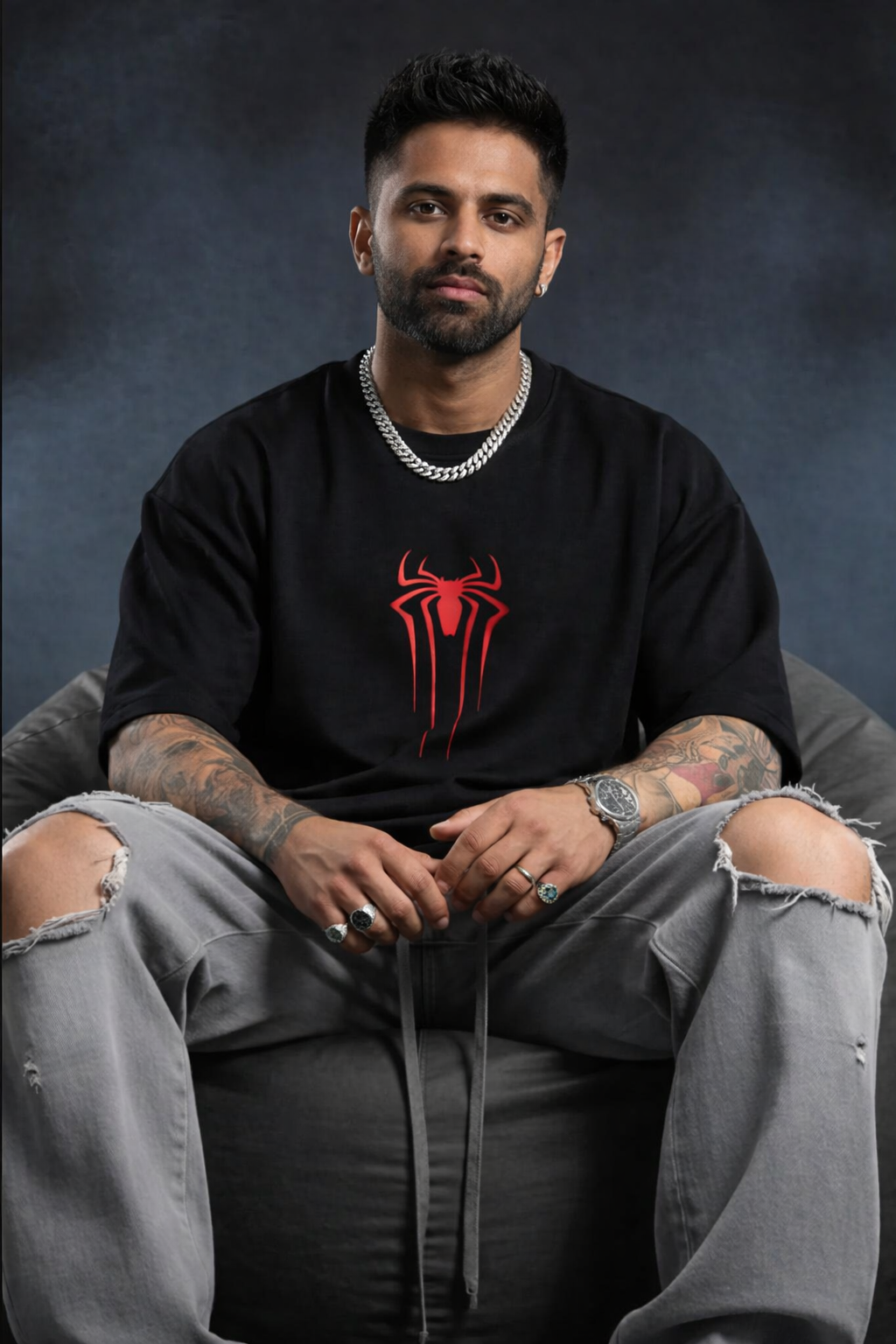 Spiderman Black Oversized Back Typographic Printed T-shirt