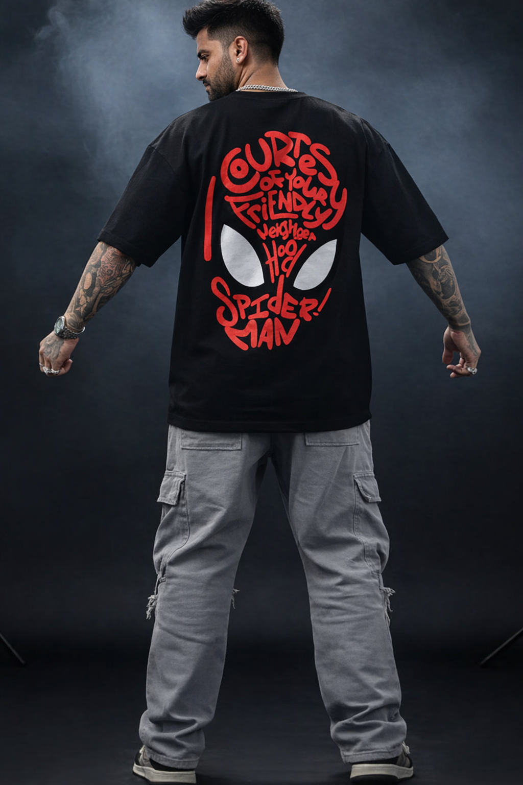 Spiderman Black Oversized Back Typographic Printed T-shirt