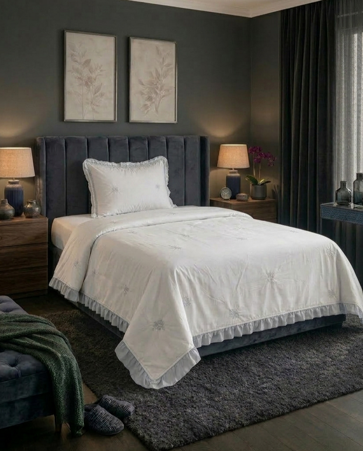 Perla Çiçek Desenli Pamuk Dolgulu Yatak Örtüsü Takımı