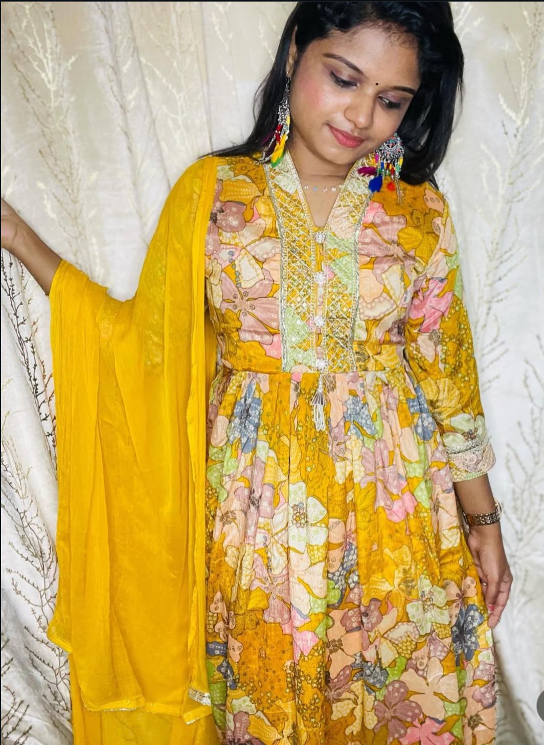 Floral Printed Yellow Kurti