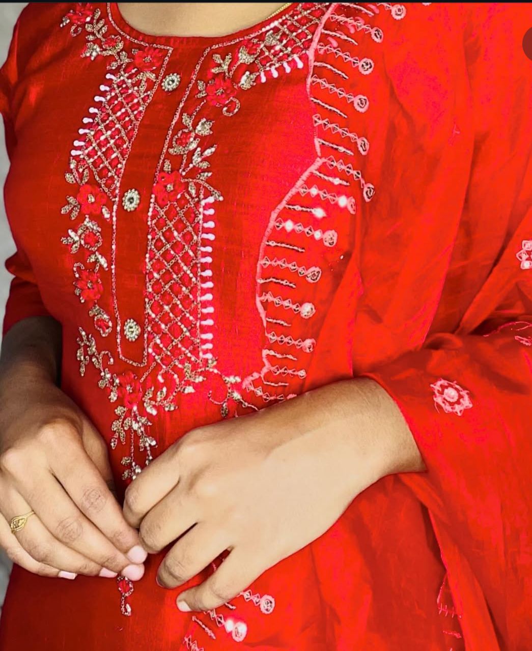 Red embroidered kurta set