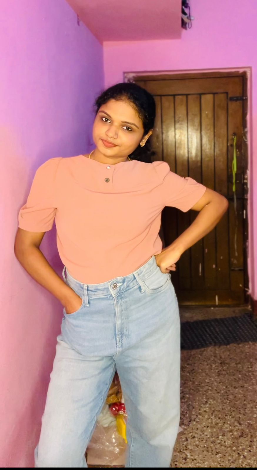 Peach  Short Sleeve Buttoned Top