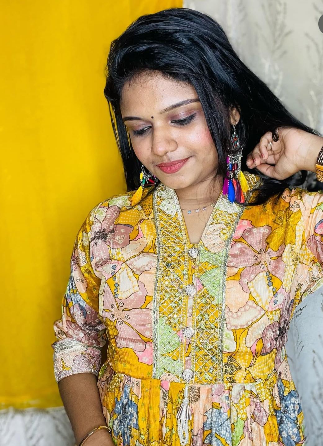 Floral Printed Yellow Kurti